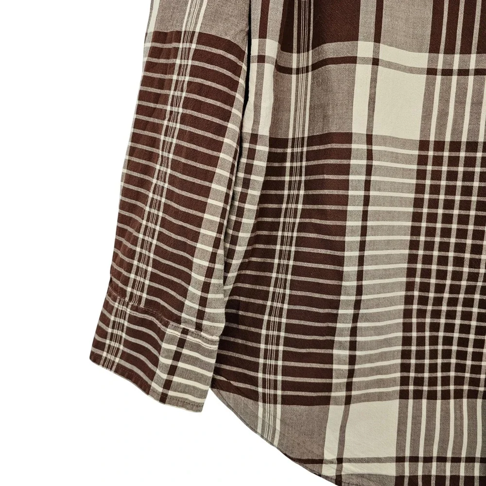 LL Bean Men's Large Brown‎ Cream Plaid Button Down Cotton Shirt Long Sleeve